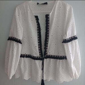 White Eyelet Peasant Top with Black Trim